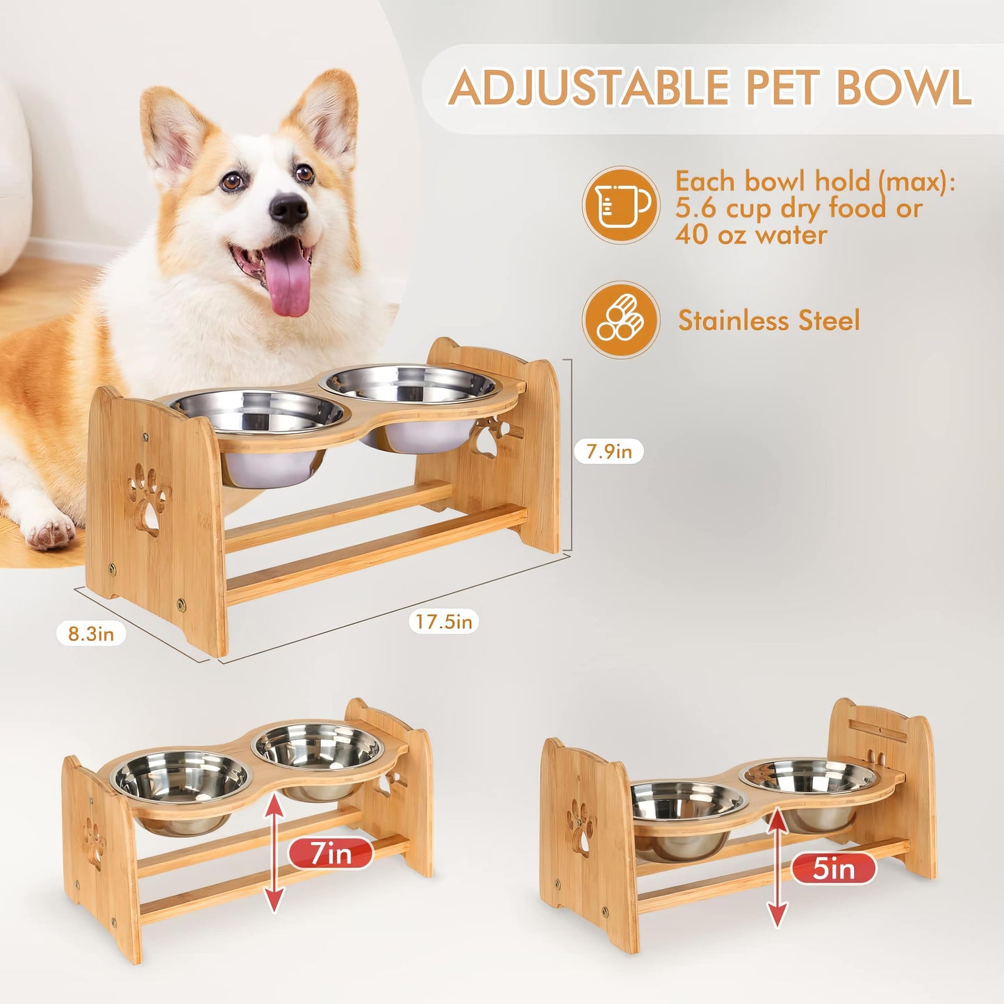 Adjustable Elevated Dog Bowls Set with Stainless Steel Bowls