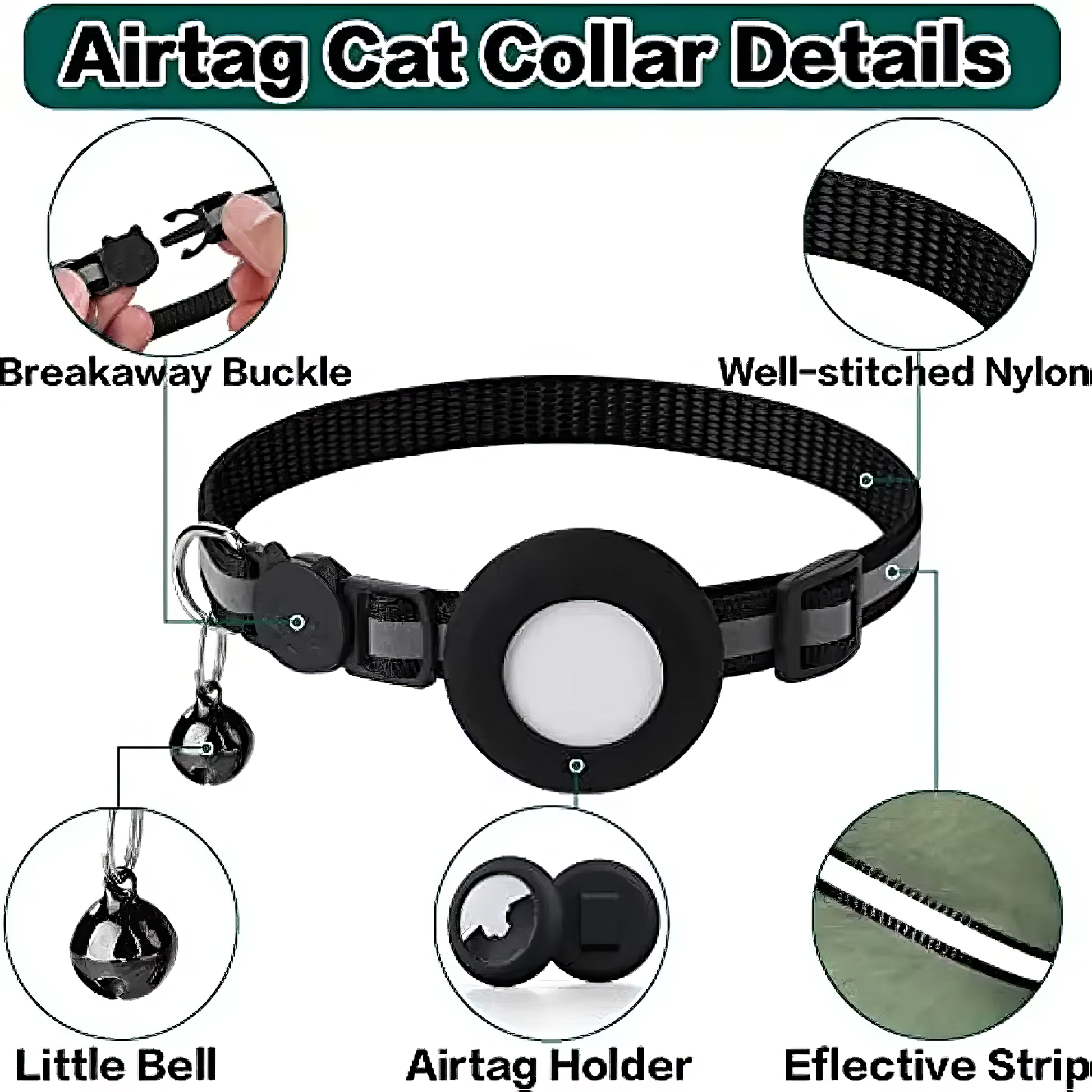 Reflective Breakaway Cat Collar with AirTag Holder & Bell – Adjustable for All Cats (0.4 inches)