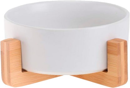 White Ceramic Cat Dog Bowl Dish with Wood Stand No Spill Pet Food Water Feeder Cats Small Dogs