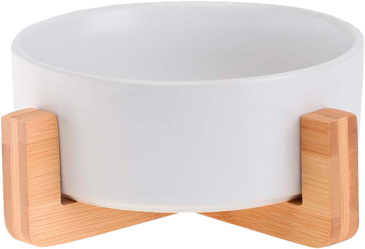 White Ceramic Cat Dog Bowl Dish with Wood Stand No Spill Pet Food Water Feeder Cats Small Dogs