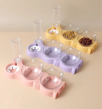 Pet Cat Food Bowl Automatic Feeder All-In-One Splice Dog Cat Food Bowl and Drinking Fountain Drinking Raised Standing Dish Bowl