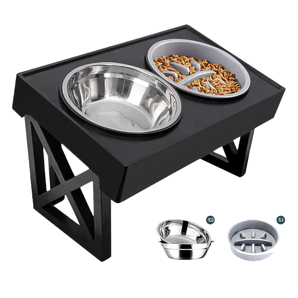 Adjustable Elevated Dog Bowl Stand – Slow Feeder Dish with Mat