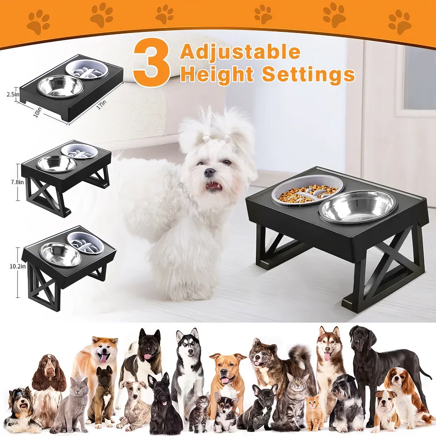 Adjustable Elevated Dog Bowl Stand – Slow Feeder Dish with Mat