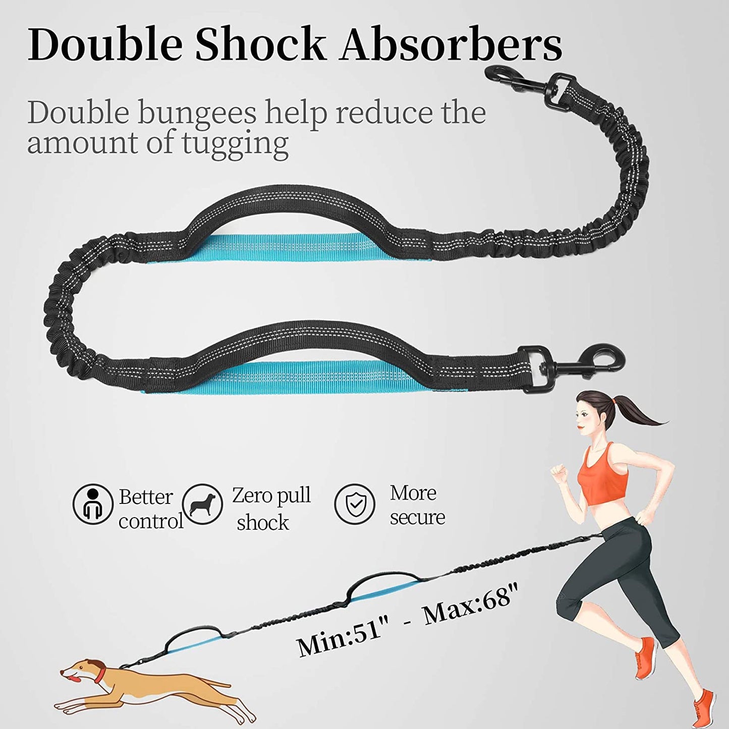 Hands-Free Dog Leash with Zipper Pouch, Padded Handles, and Bungee for Walking, Jogging & Running