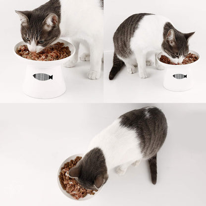 Raised Ceramic Cat Bowl – Non-Skid, Sturdy & Anti-Fall Design (White, 4.8x6.4in)